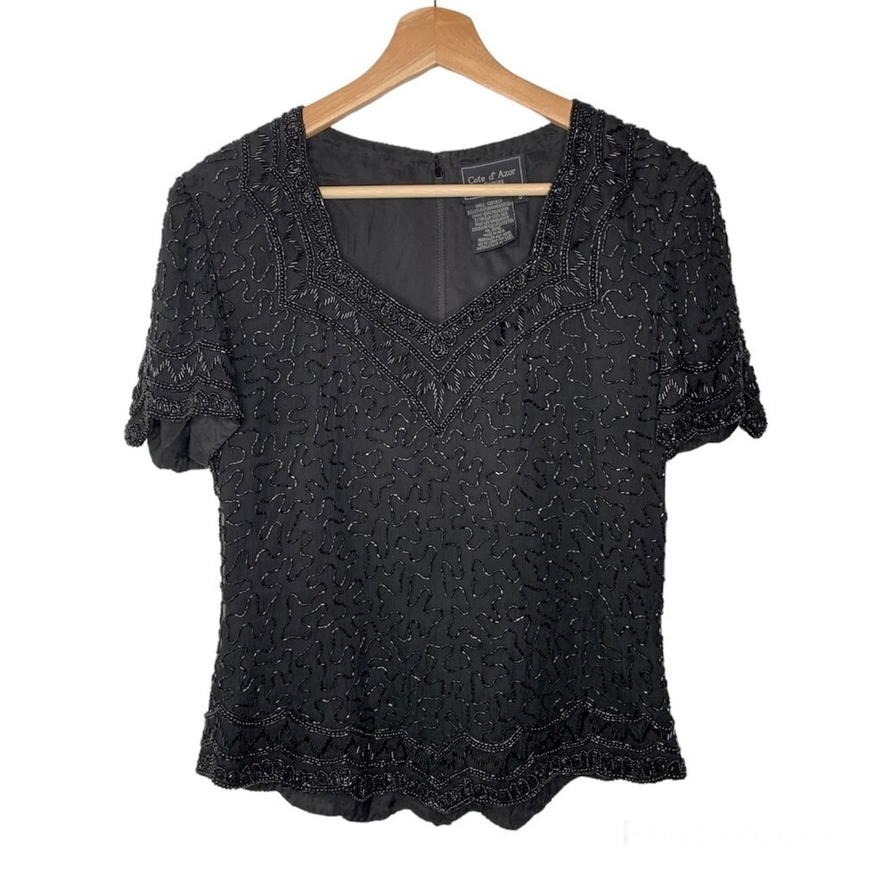 Vintage Cote D’Azur S Black Evening Beaded Silk Top